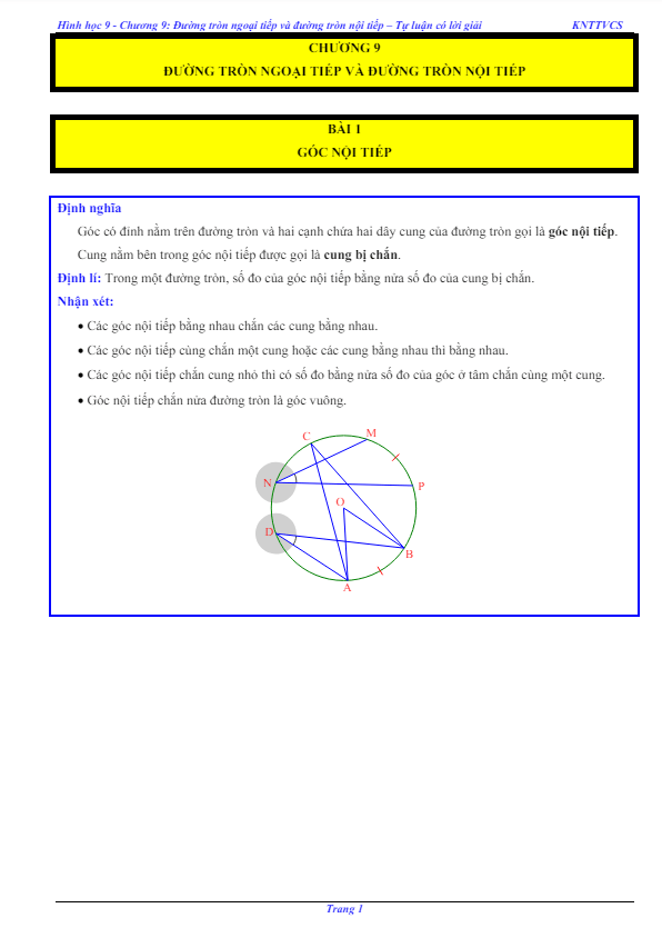 các dạng bài tập đường tròn ngoại tiếp và đường tròn nội tiếp toán 9 knttvcs