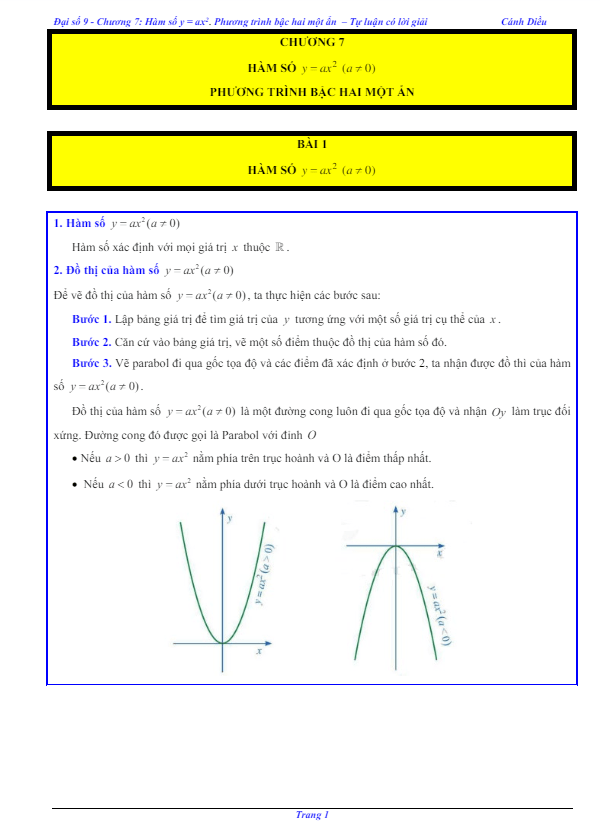 các dạng bài tập hàm số y = ax2 (a ≠ 0) và phương trình bậc hai một ẩn toán 9 cánh diều