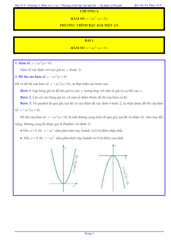 các dạng bài tập hàm số y = ax2 (a ≠ 0) và phương trình bậc hai một ẩn toán 9 knttvcs