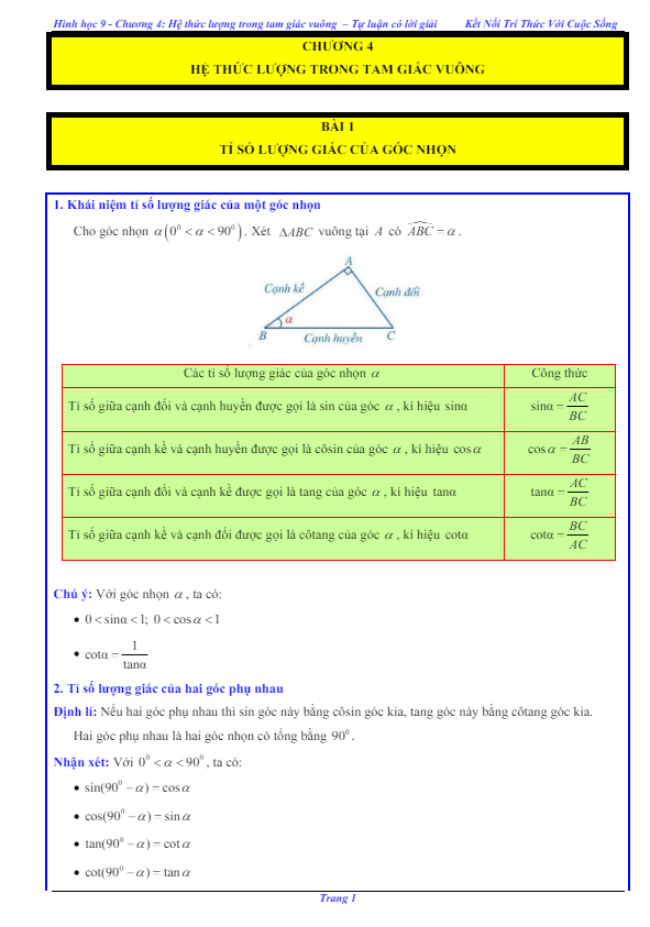 các dạng bài tập hệ thức lượng trong tam giác vuông toán 9 knttvcs