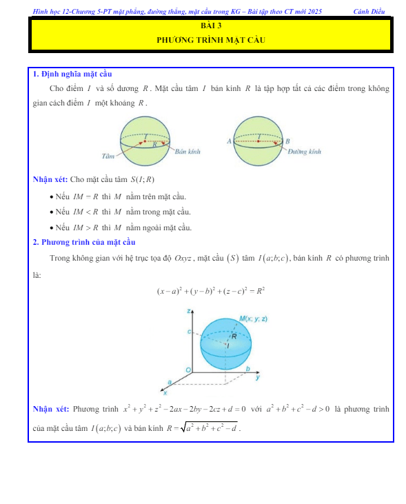 các dạng bài tập phương trình mặt cầu toán 12 cánh diều