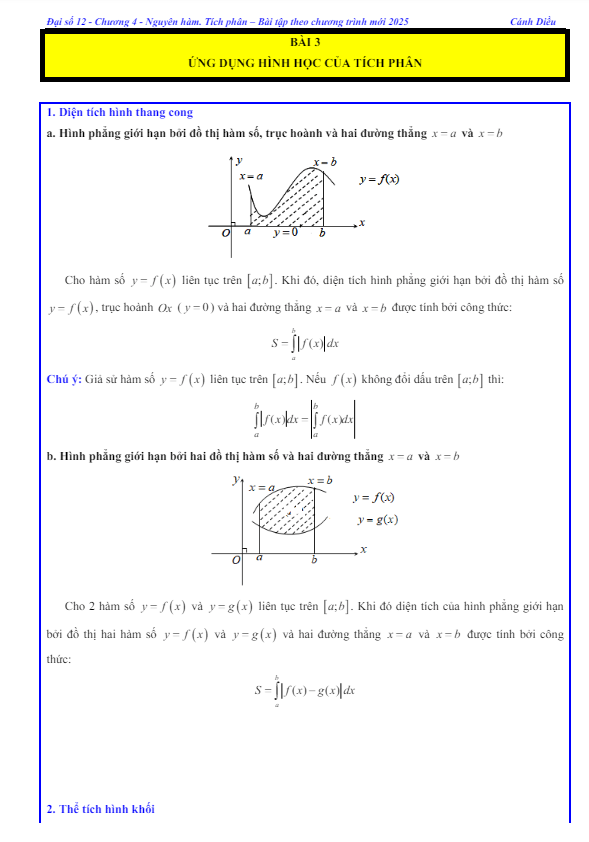 các dạng bài tập ứng dụng hình học của tích phân toán 12 cánh diều