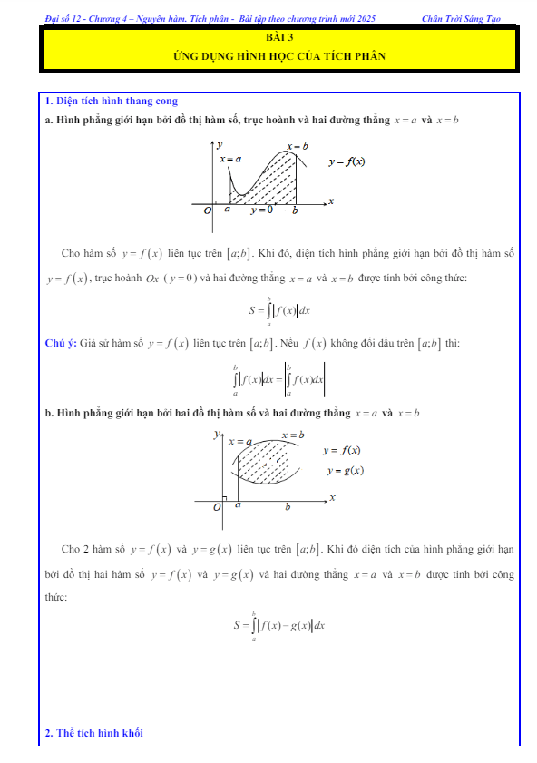 các dạng bài tập ứng dụng hình học của tích phân toán 12 ctst