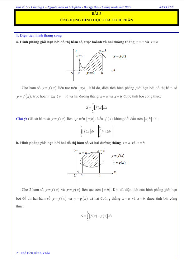 các dạng bài tập ứng dụng hình học của tích phân toán 12 knttvcs