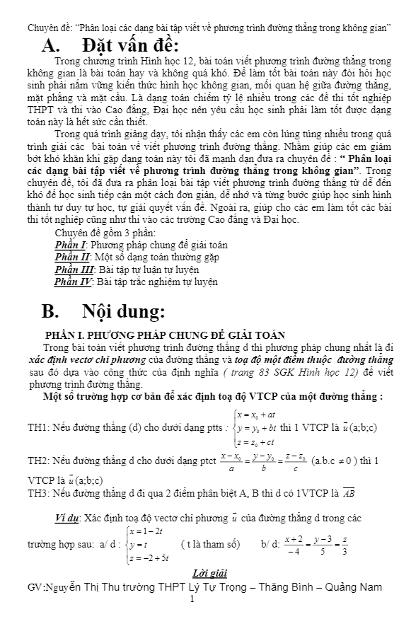các dạng bài tập viết phương trình đường thẳng trong không gian – nguyễn thị thu