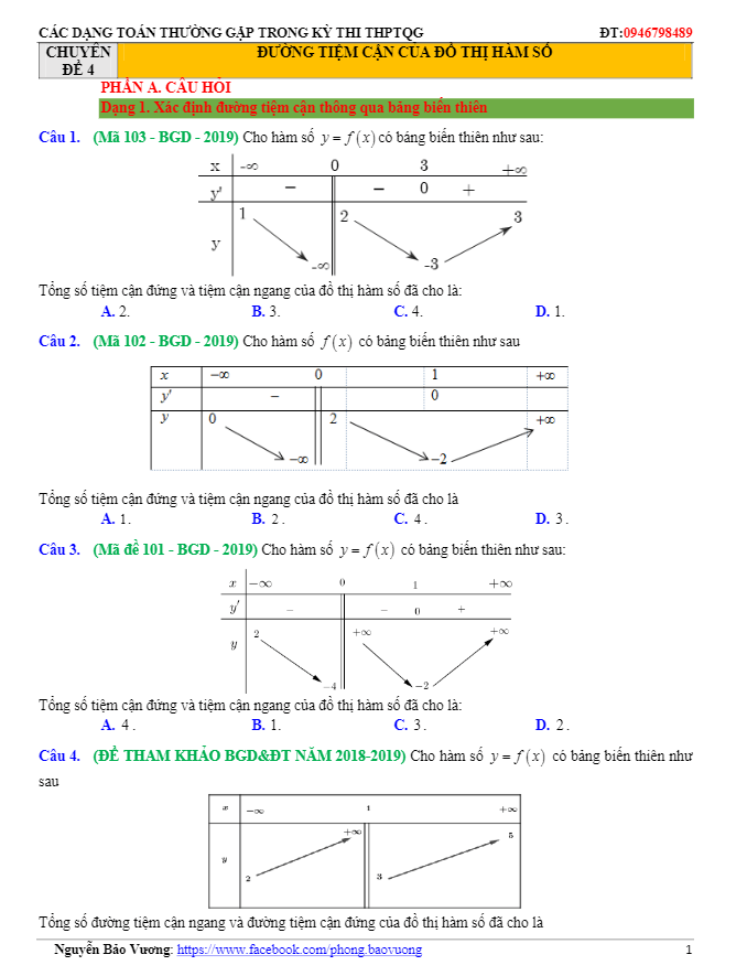 các dạng toán đường tiệm cận của đồ thị hàm số thường gặp trong kỳ thi thptqg