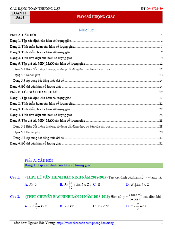 các dạng toán hàm số lượng giác và phương trình lượng giác thường gặp