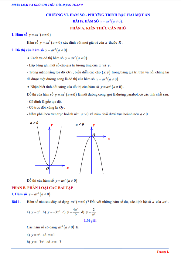 các dạng toán hàm số y = ax2 (a khác 0), phương trình bậc hai một ẩn toán 9