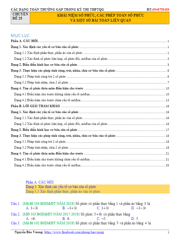 các dạng toán số phức thường gặp trong kỳ thi thptqg