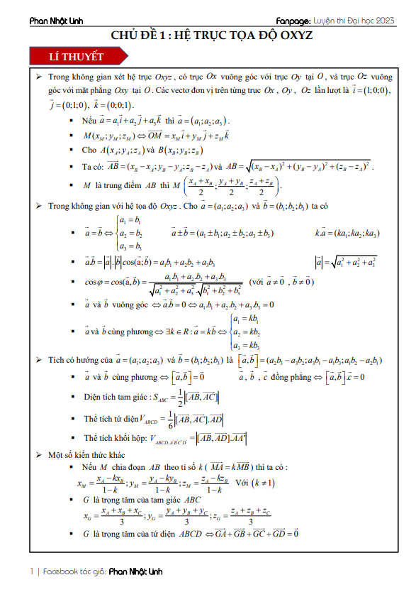 chủ đề hệ trục tọa độ oxyz ôn thi tốt nghiệp thpt môn toán