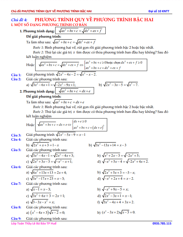 chủ đề phương trình quy về phương trình bậc hai toán 10 knttvcs