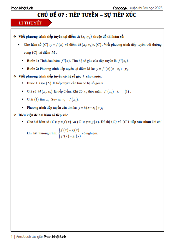chủ đề tiếp tuyến và sự tiếp xúc của đồ thị hàm số ôn thi tốt nghiệp thpt môn toán