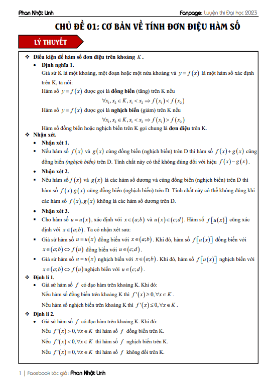 chủ đề tính đơn điệu của hàm số ôn thi tốt nghiệp thpt môn toán