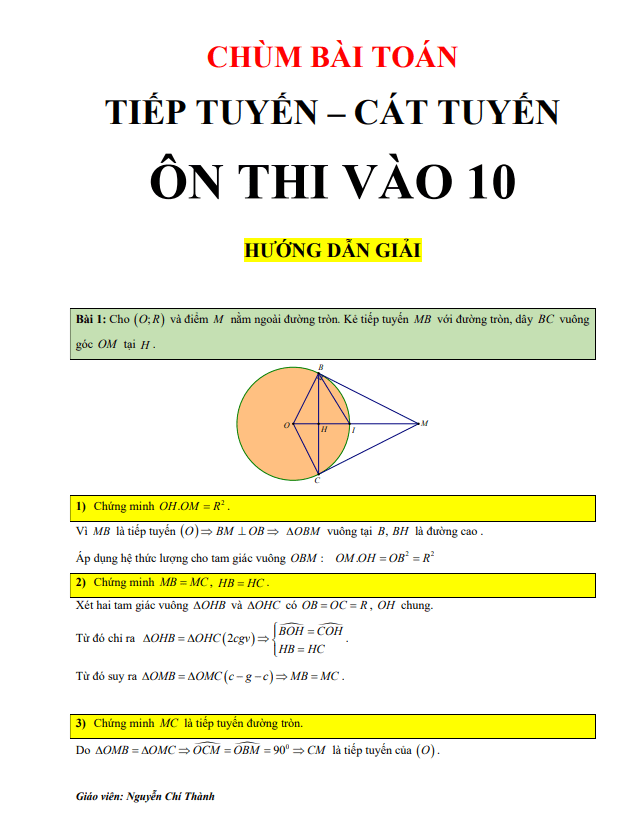 chùm bài toán tiếp tuyến – cát tuyến ôn thi vào lớp 10 môn toán