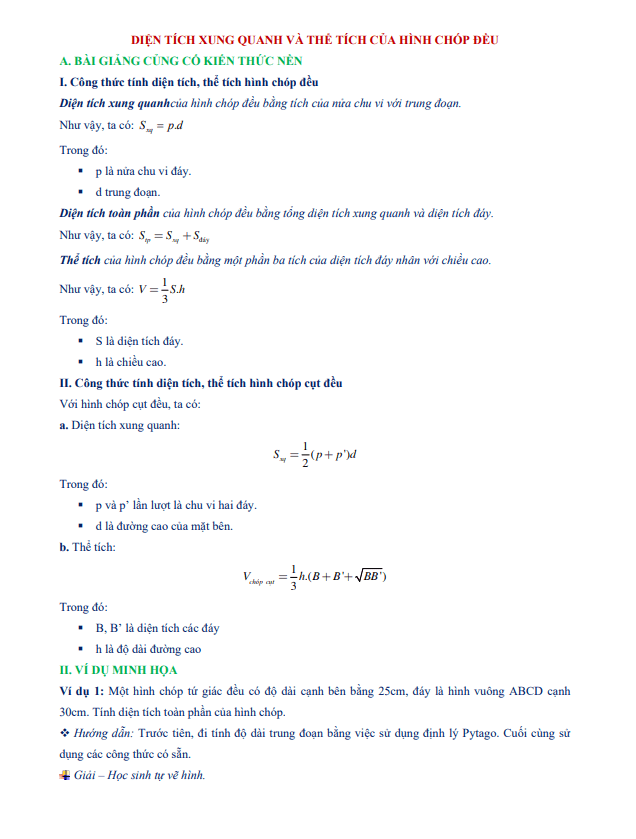 chuyên đề diện tích xung quanh và thể tích của hình chóp đều