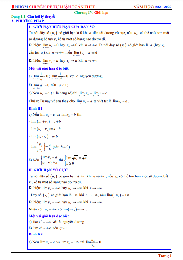 chuyên đề giới hạn của dãy số, giới hạn của hàm số và hàm số liên tục
