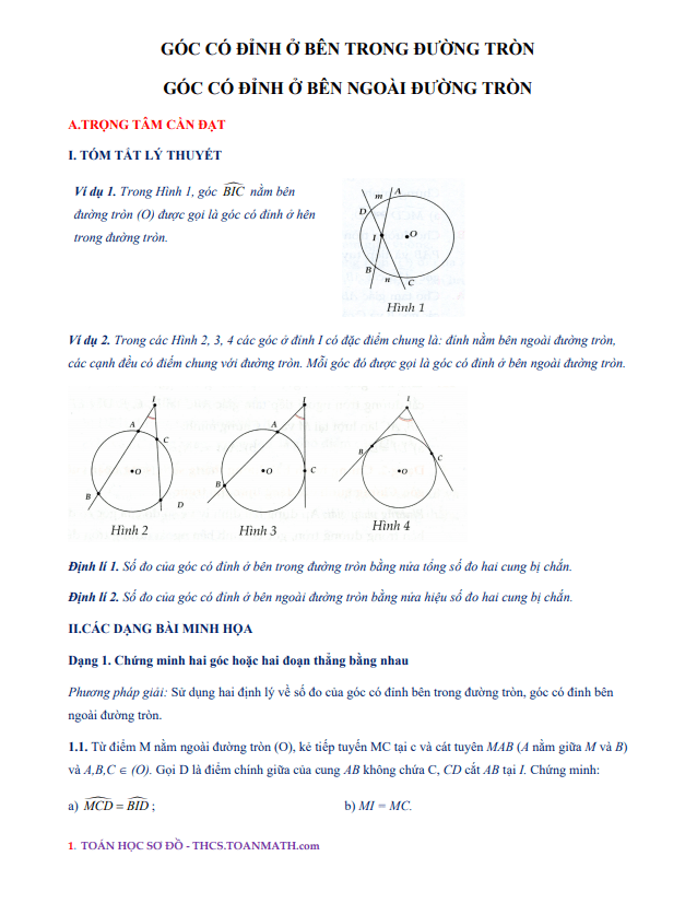chuyên đề góc có đỉnh ở bên trong đường tròn, góc có đỉnh ở bên ngoài đường tròn