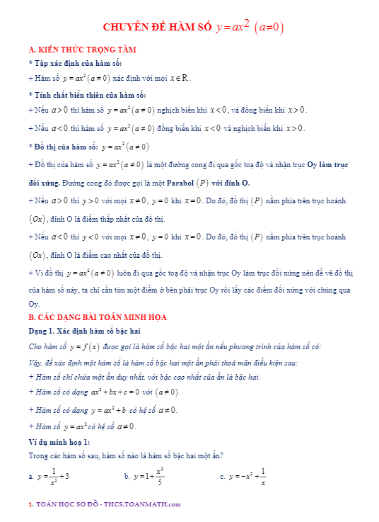 chuyên đề hàm số $y = a{x^2}$ $\\left( {a \\ne 0} \\right)$