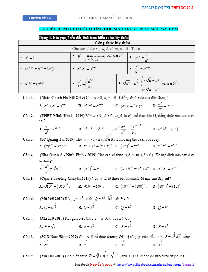 chuyên đề lũy thừa, mũ và lôgarit ôn thi thpt 2021 – nguyễn bảo vương