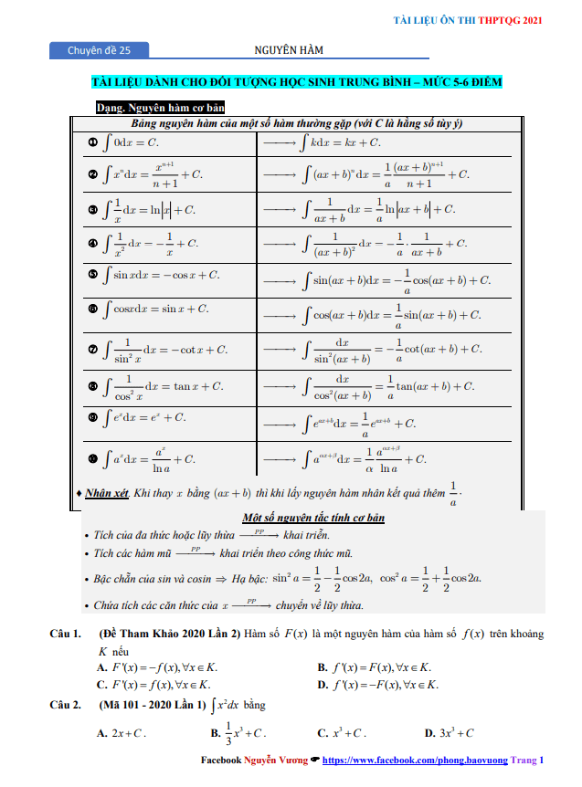 chuyên đề nguyên hàm, tích phân và ứng dụng ôn thi thpt 2021 – nguyễn bảo vương