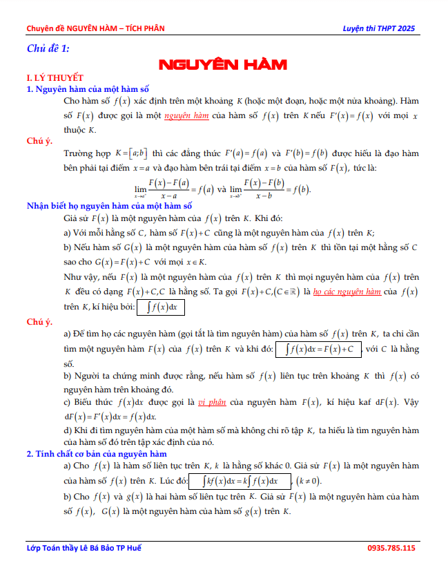 chuyên đề nguyên hàm, tích phân và ứng dụng toán 12 – lê bá bảo