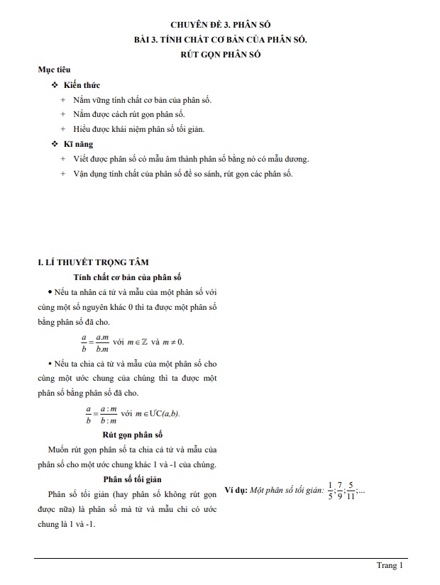 chuyên đề tính chất cơ bản của phân số, rút gọn phân số