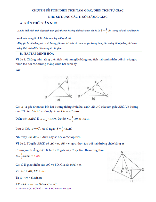 chuyên đề tính diện tích tam giác, diện tích tứ giác nhờ sử dụng các tỉ số lượng giác
