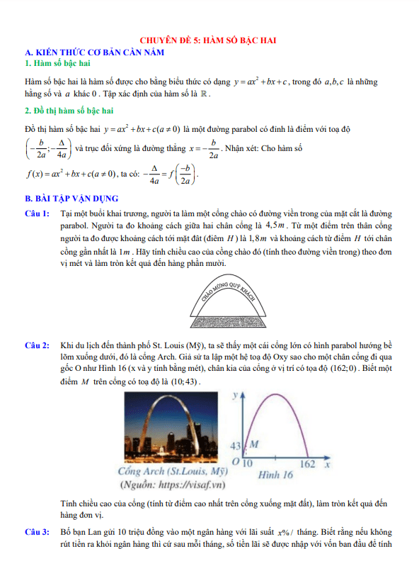 chuyên đề toán thực tế hàm số bậc hai và đồ thị môn toán 10