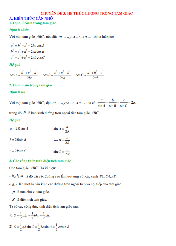 chuyên đề toán thực tế hệ thức lượng trong tam giác môn toán 10
