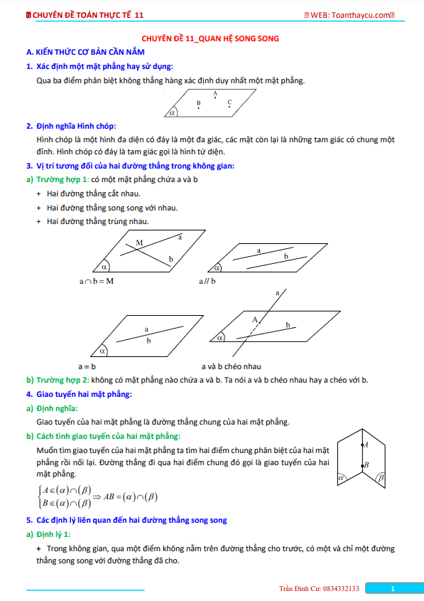 chuyên đề toán thực tế quan hệ song song trong không gian toán 11