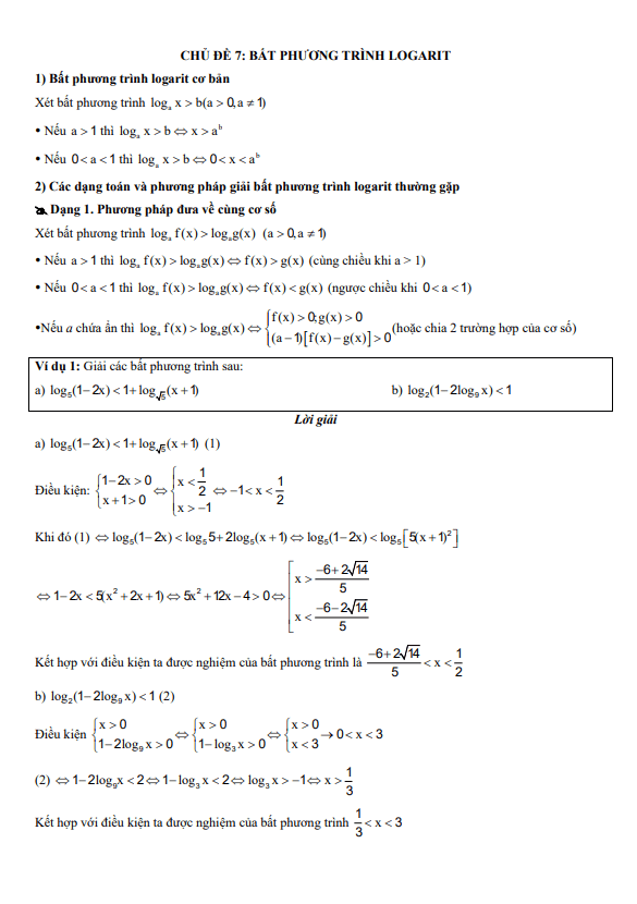 chuyên đề trắc nghiệm bất phương trình logarit