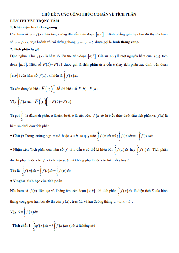 chuyên đề trắc nghiệm các công thức cơ bản về tích phân