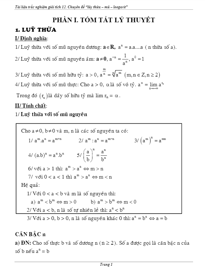 chuyên đề trắc nghiệm hàm số lũy thừa, mũ và logarit