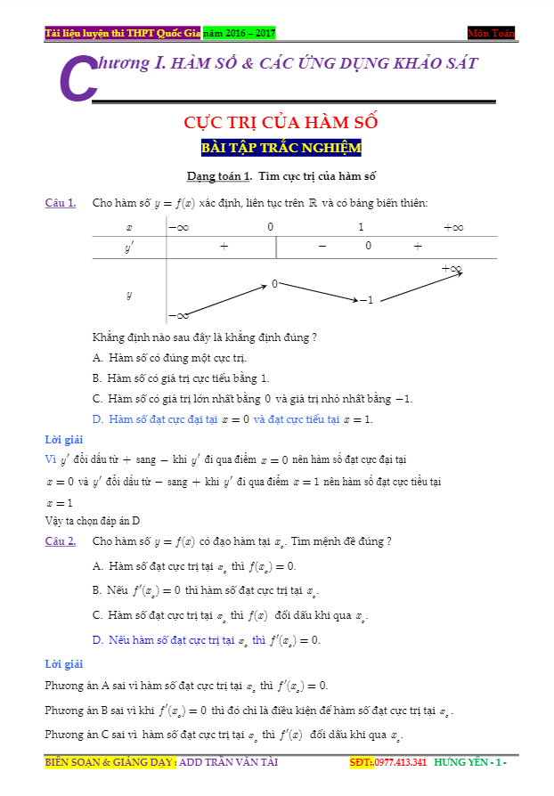 chuyên đề trắc nghiệm khảo sát hàm số và ứng dụng – trần văn tài