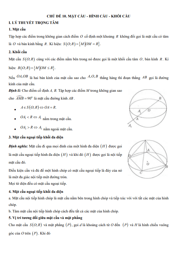 chuyên đề trắc nghiệm mặt cầu, hình cầu và khối cầu