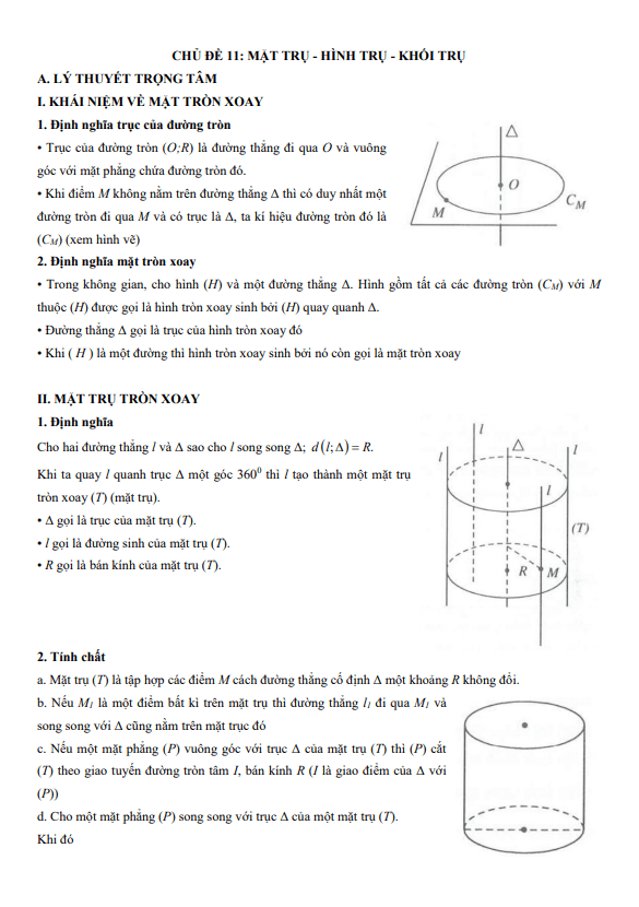 chuyên đề trắc nghiệm mặt trụ, hình trụ và khối trụ