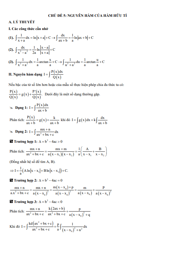 chuyên đề trắc nghiệm nguyên hàm của hàm hữu tỉ