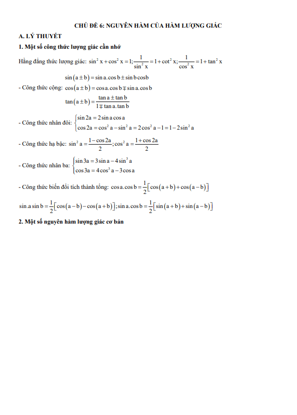 chuyên đề trắc nghiệm nguyên hàm của hàm lượng giác