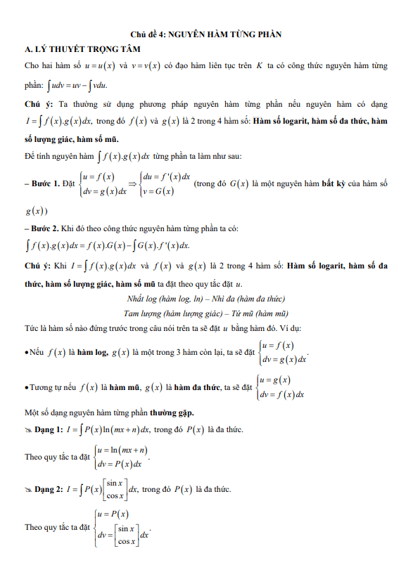 chuyên đề trắc nghiệm nguyên hàm từng phần