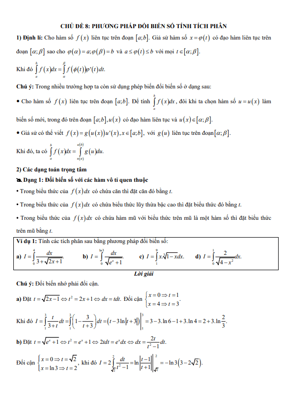 chuyên đề trắc nghiệm phương pháp đổi biến số tính tích phân