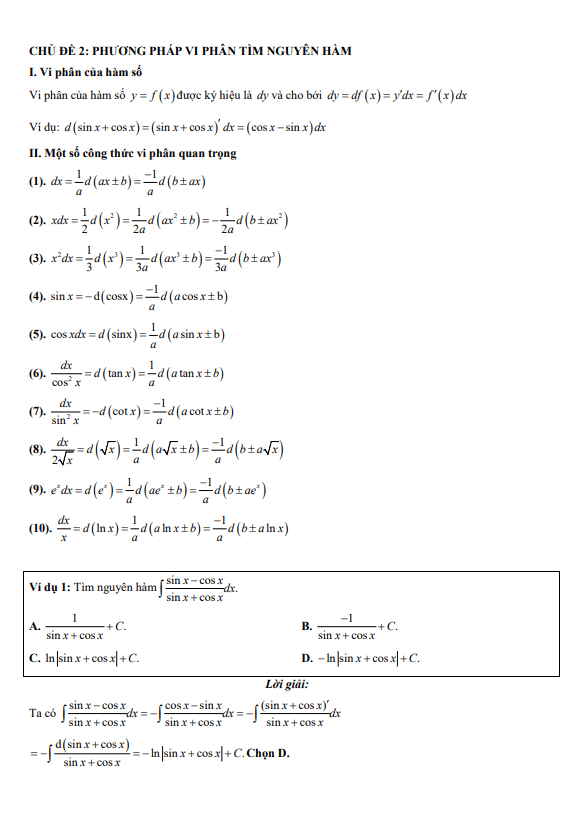 chuyên đề trắc nghiệm phương pháp vi phân tìm nguyên hàm