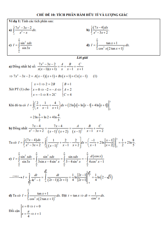 chuyên đề trắc nghiệm tích phân hàm hữu tỉ và hàm lượng giác