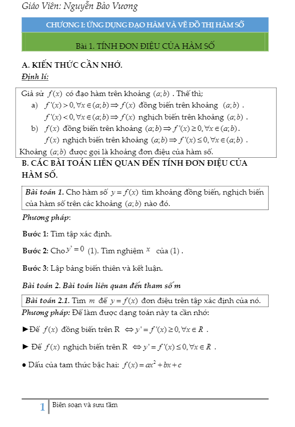 chuyên đề trắc nghiệm tính đơn điệu của hàm số – nguyễn bảo vương