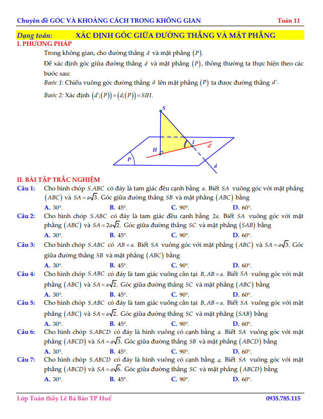 dạng toán xác định góc giữa đường thẳng và mặt phẳng toán 11