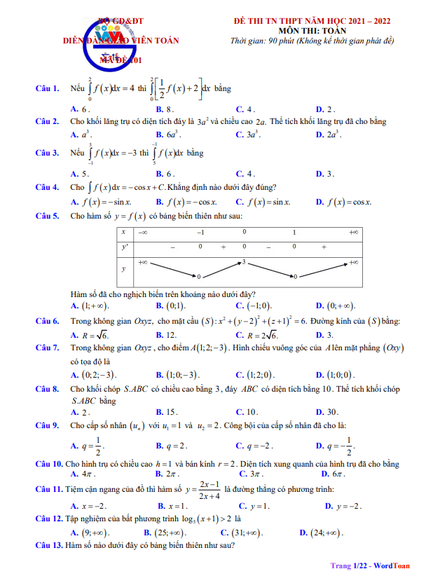 đáp án và lời giải chi tiết đề chính thức tốt nghiệp thpt 2022 môn toán