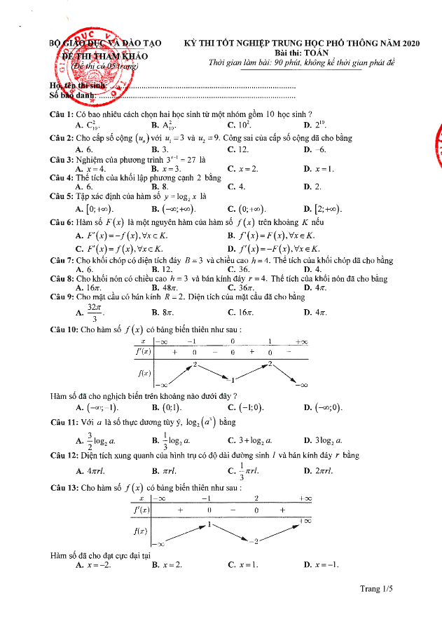 đáp án và lời giải chi tiết đề minh họa tốt nghiệp thpt 2020 môn toán lần 2