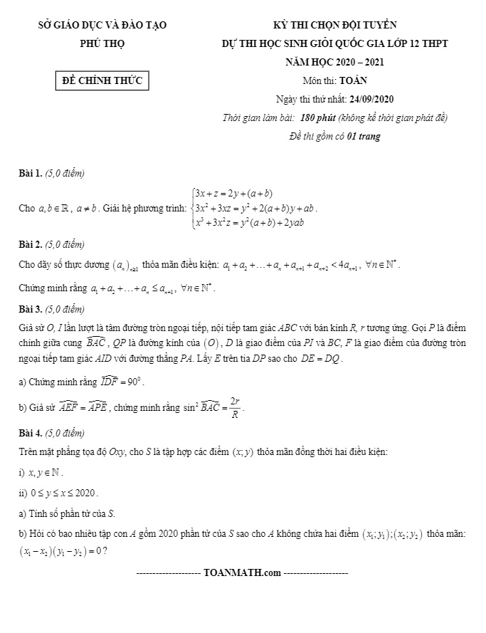 đề chọn đội tuyển hsg toán 12 năm 2020 – 2021 sở gd&đt phú thọ (ngày 1)