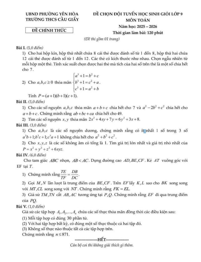 đề chọn đội tuyển hsg toán 9 năm 2025 – 2026 trường thcs cầu giấy – hà nội