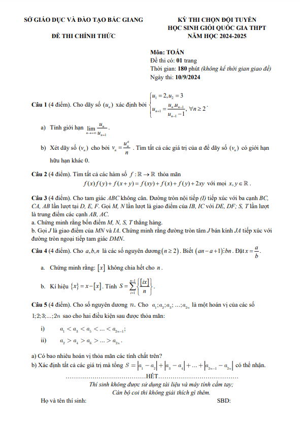 đề chọn đội tuyển thi hsg qg môn toán thpt năm 2024 – 2025 sở gd&đt bắc giang