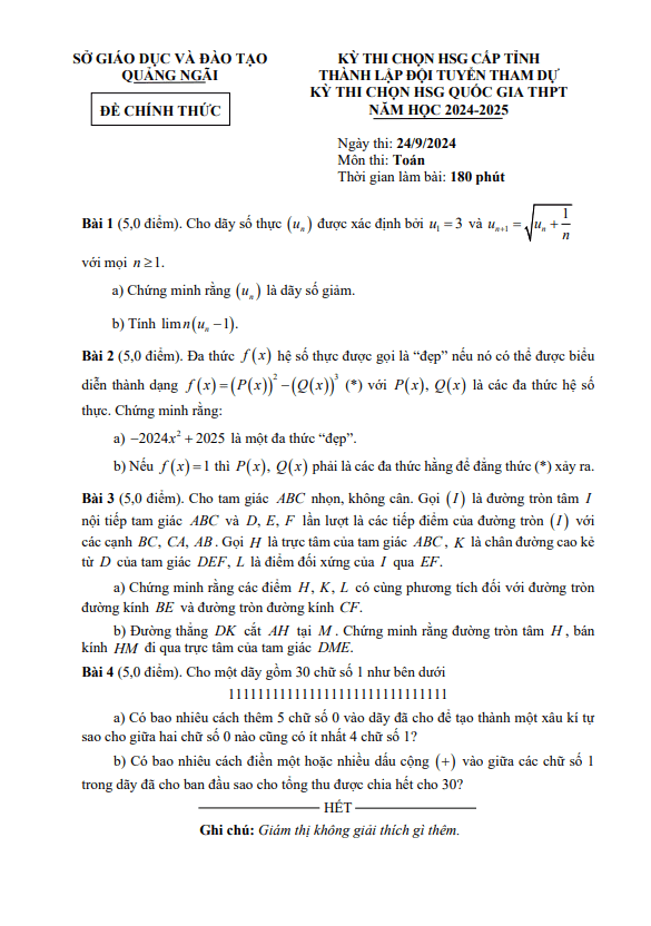 đề chọn đội tuyển thi hsg qg môn toán thpt năm 2024 – 2025 sở gd&đt quảng ngãi